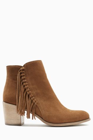Tan Suede Side Fringe Ankle Boots